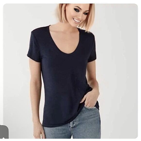 NWT Splendid Navy Short Sleeve Deep Scoop Neck Casual Knit Top X-Small - Picture 6 of 6